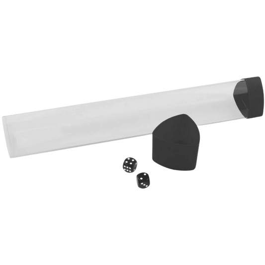 BCW Playmat Tube con compartimento de dados (negro) — tubo transparente, tapa tri-oval y 2 dados